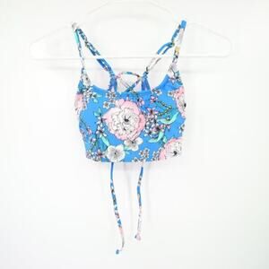 Xhilaration Blue Floral Halter Bikini Top Size Small Criss Cross Back NWT